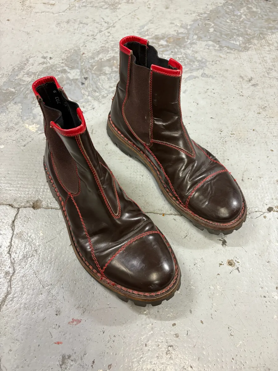 2000s MiuMiu Brown Red Seams Ankle Leather Boots - Image 3