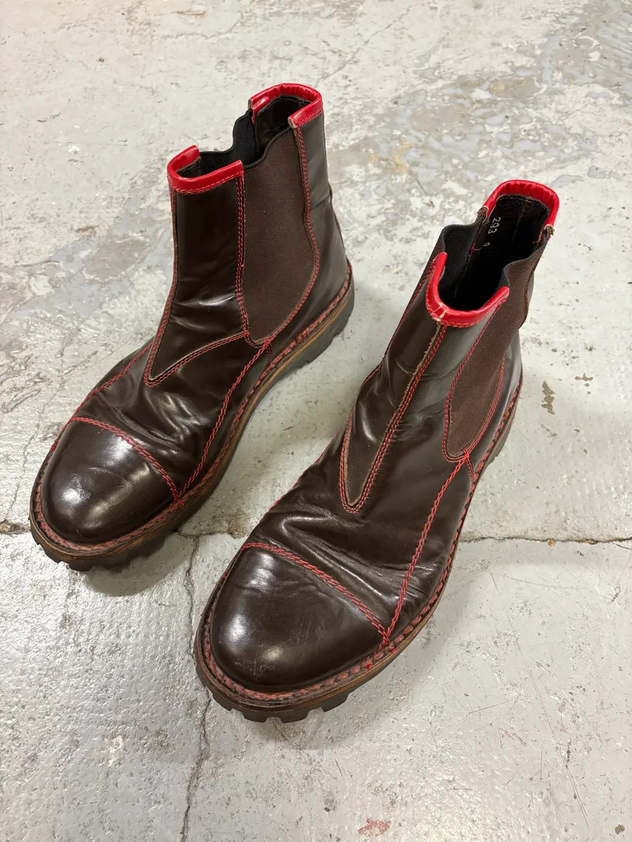 2000s MiuMiu Brown Red Seams Ankle Leather Boots - Image 4