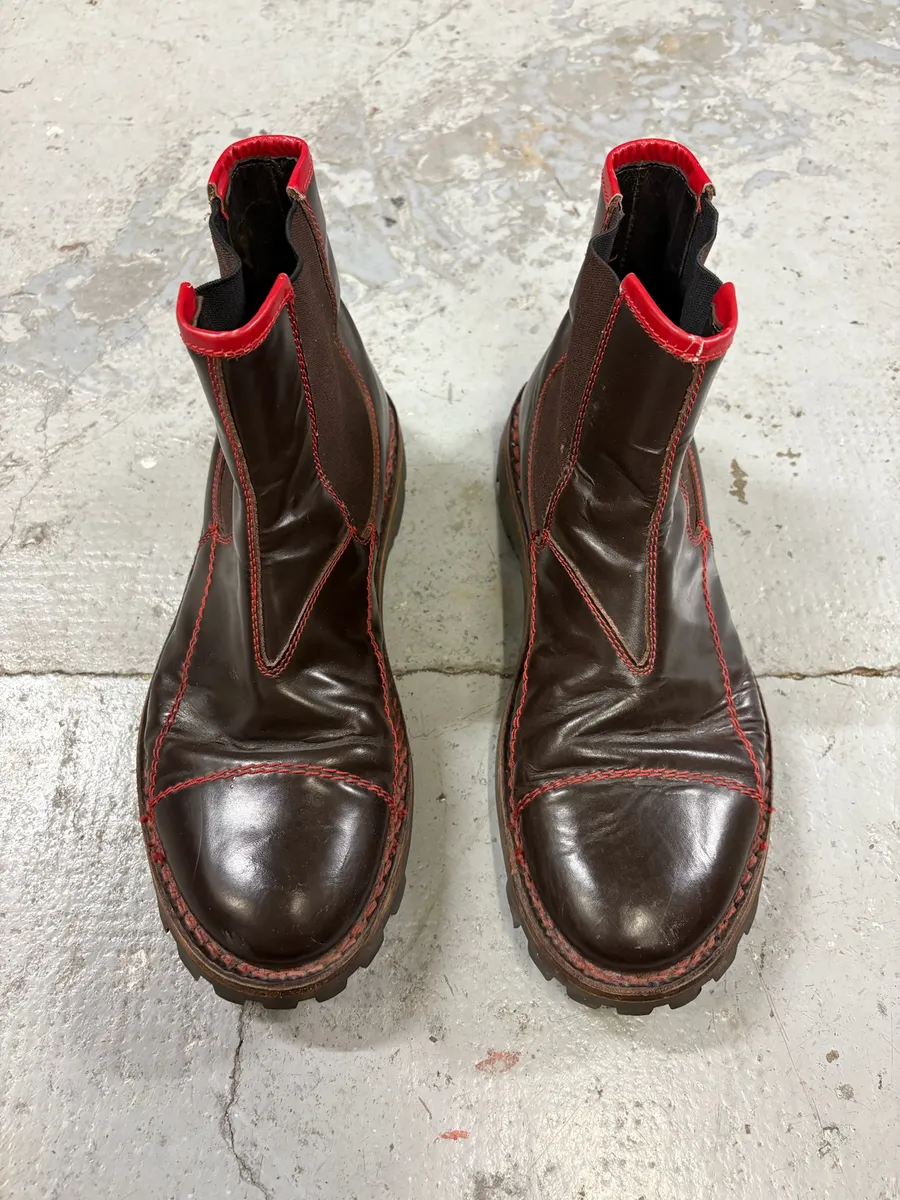 2000s MiuMiu Brown Red Seams Ankle Leather Boots - Image 5