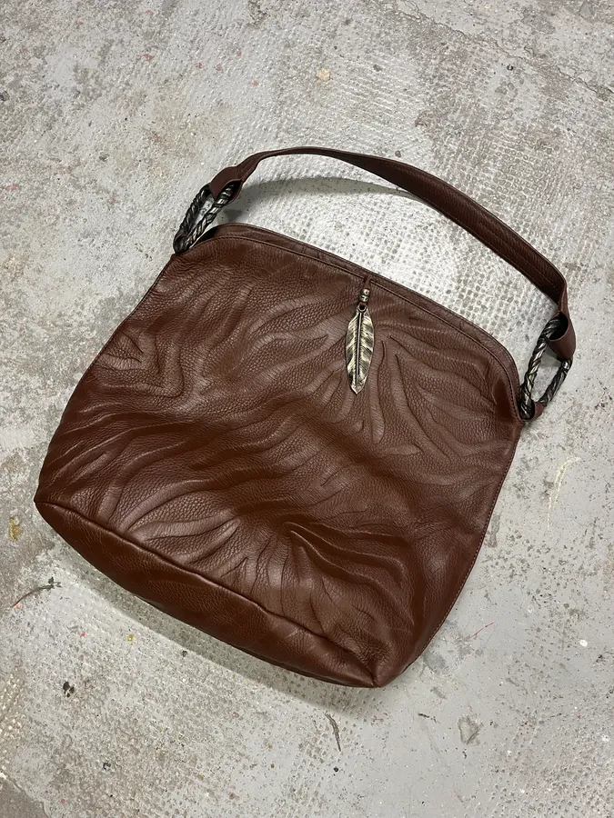 2000s Roberto Cavalli Brown Handle Leather Relief Savage Bag - Image 3