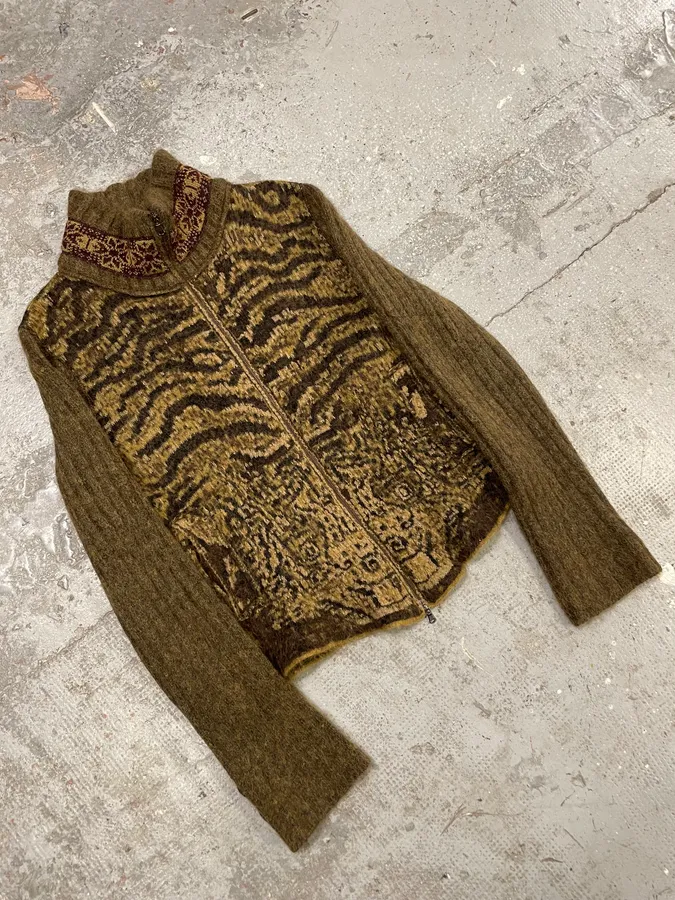 2000s Roberto Cavalli Brown Safari Zebra Wool Zip-up Cardigan - Image 4