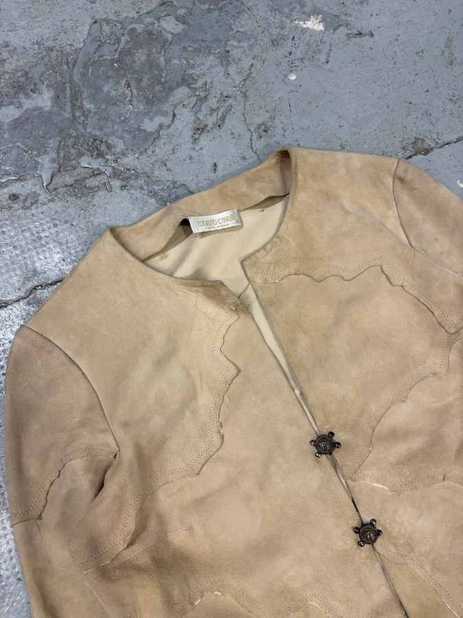2000s Roberto Cavalli Patchwork Leaves Beige Leather Jacket - Image 3