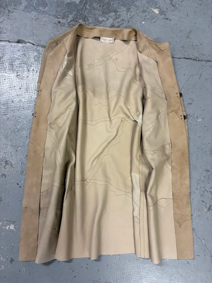 2000s Roberto Cavalli Patchwork Leaves Beige Leather Jacket - Image 5