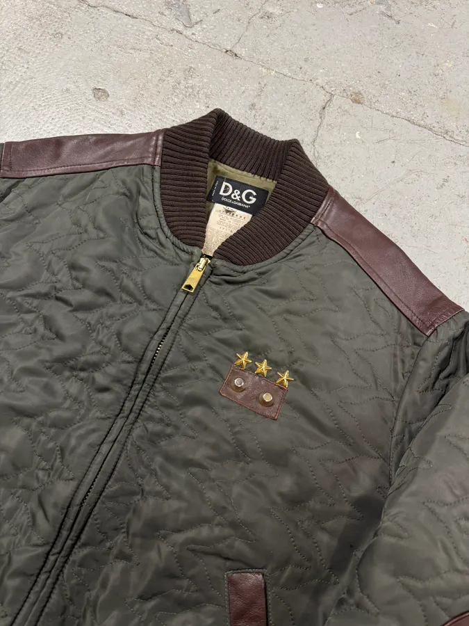 AW2001 Dolce & Gabbana Quilted Olive Hybrid Leather Bomber Jacket - Image 3