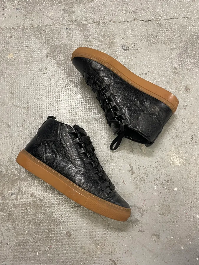 Balenciaga Arena Satin Cracked Leather High Sneakers - Image 3