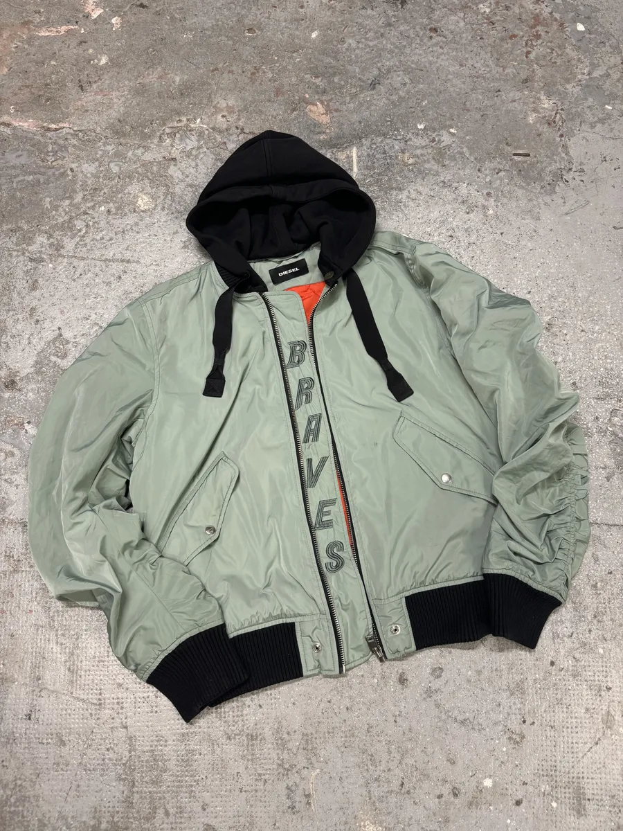Diesel Light Green Spinal Embroidered Back Hooded Bomber Jacket - Image 3