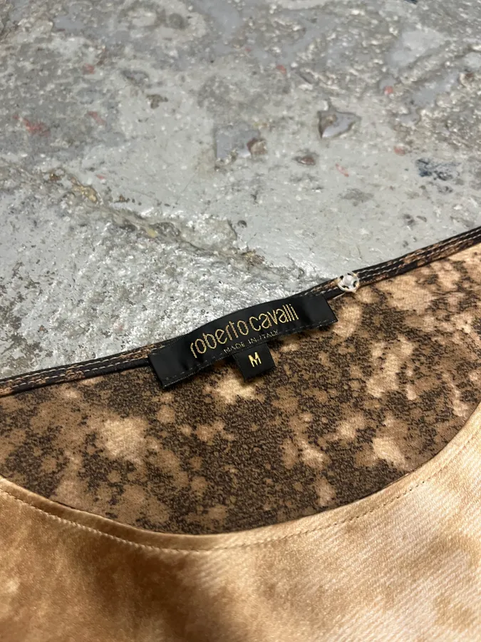 FW2001 Roberto Cavalli Cheetah Abstrat Tan Silk Midi Dress - Image 14
