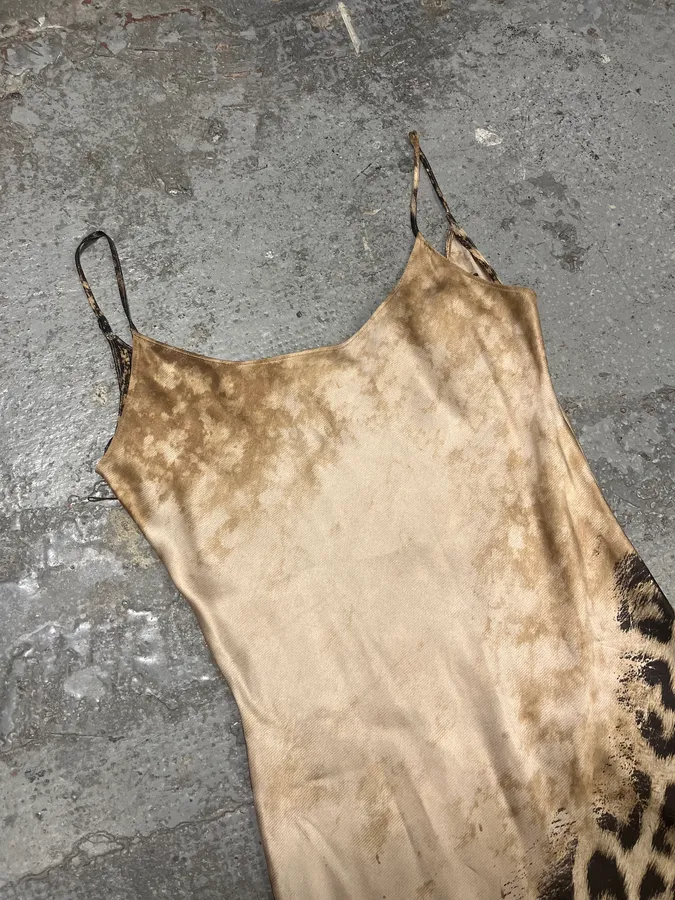 FW2001 Roberto Cavalli Cheetah Abstrat Tan Silk Midi Dress - Image 9