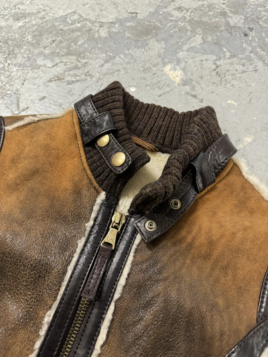 FW2010 Dolce & Gabbana Brown Faded Shearling Leather Jacket - Image 7