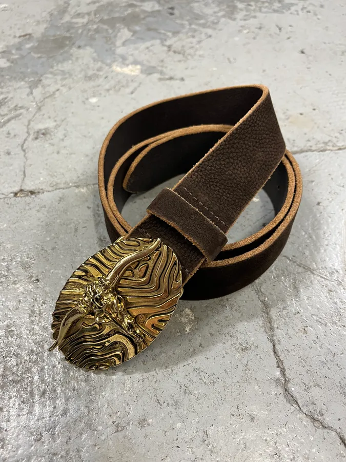Roberto Cavalli Brown Leather Gold Bull Buckle Belt - Image 4