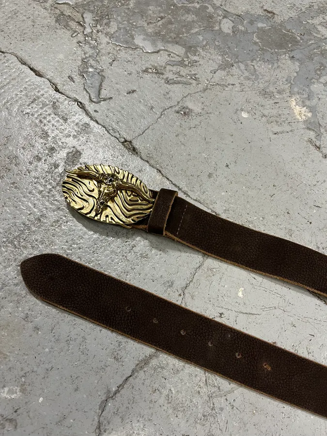 Roberto Cavalli Brown Leather Gold Bull Buckle Belt - Image 5