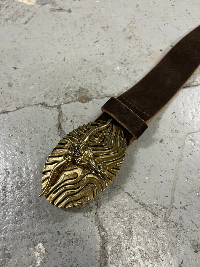 Roberto Cavalli Brown Leather Gold Bull Buckle Belt - Image 6