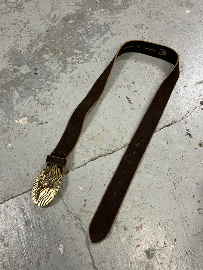 Roberto Cavalli Brown Leather Gold Bull Buckle Belt - Image 7