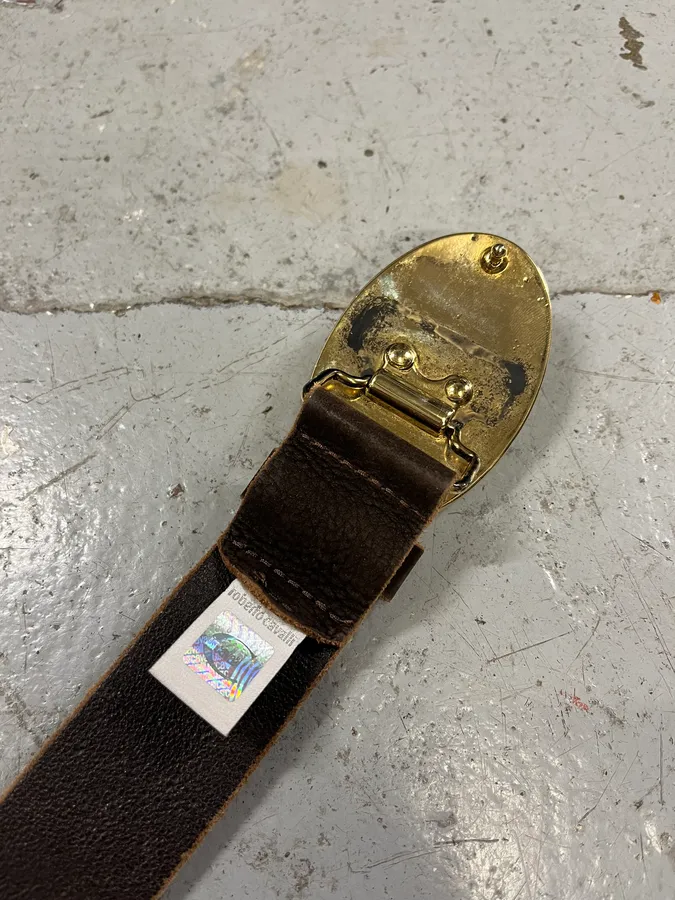 Roberto Cavalli Brown Leather Gold Bull Buckle Belt - Image 9