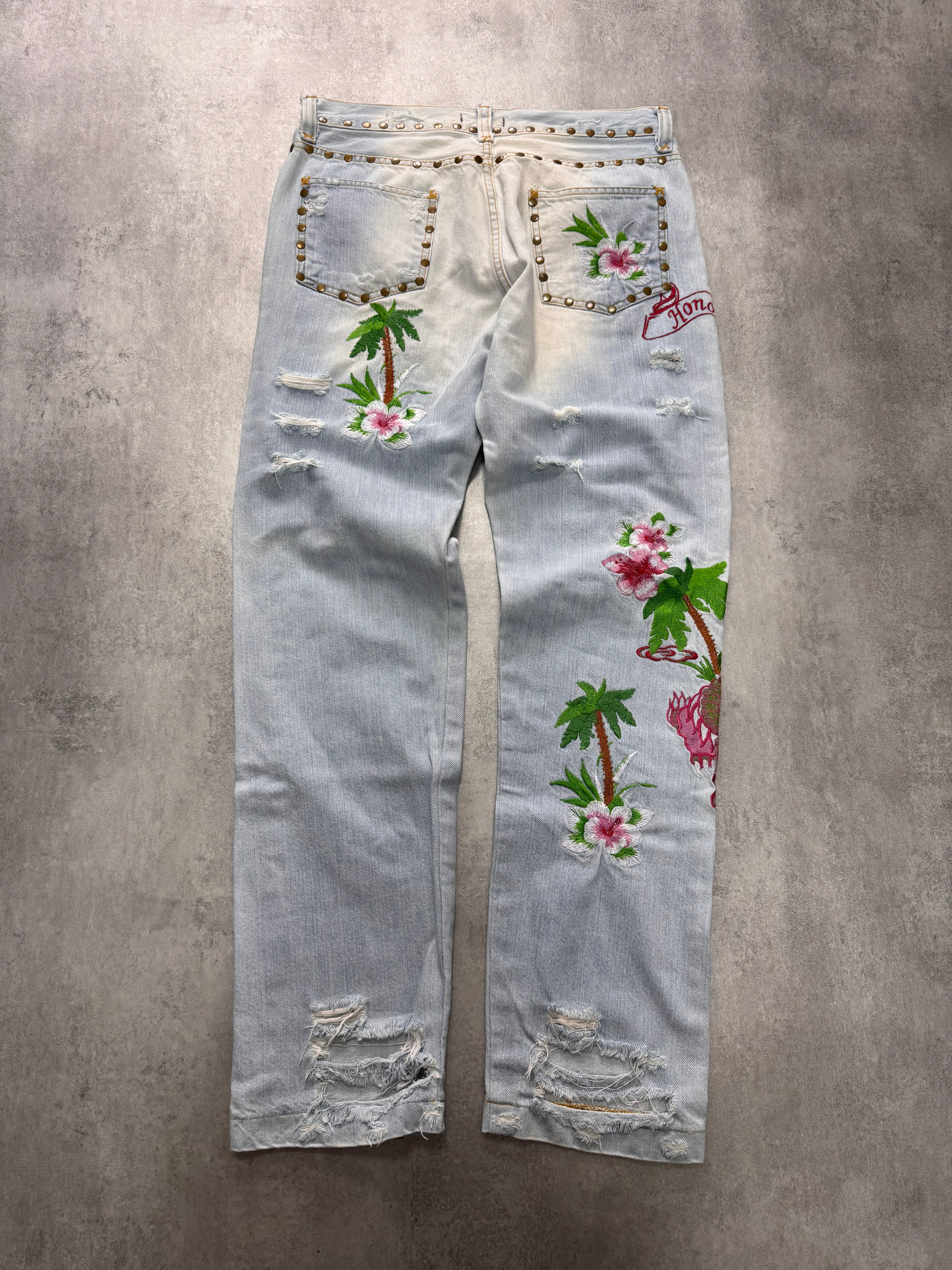 SS2006 Dolce & Gabbana Haiwai Honolulu Embroideries Distressed Denim Jeans - Image 3